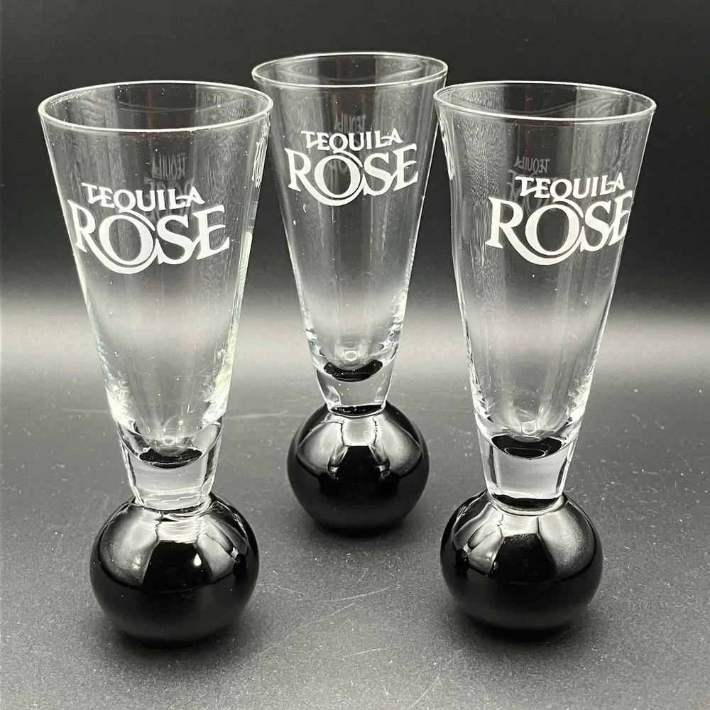 3 Tequila Rose Shot Glasses Black Ball & Clear Etched Glass‎ Liquor Bar Cordial